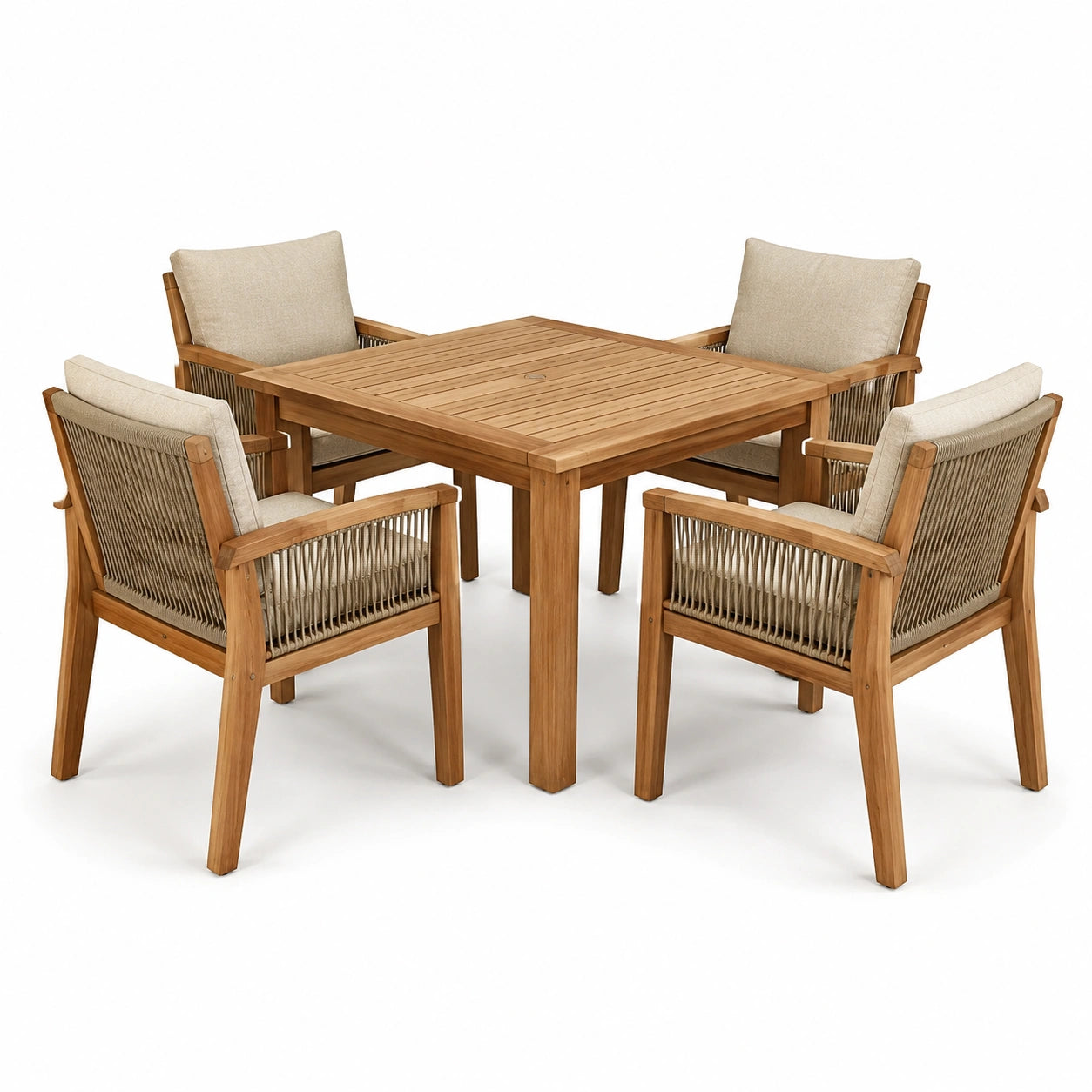 Set da pranzo da esterno in legno con tavolo quadrato e 4 sedie