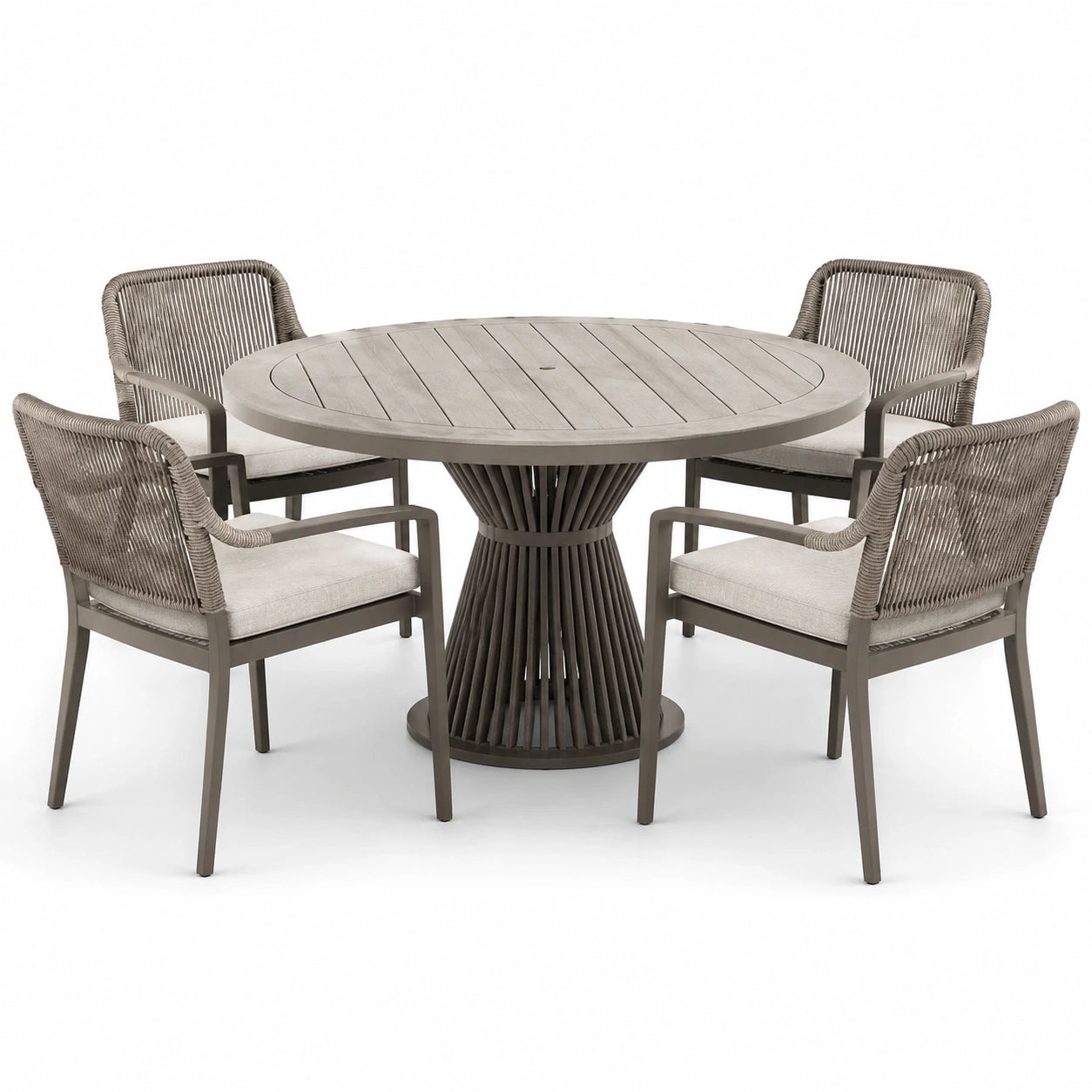 Set da Pranzo da Esterno Rotondo in Alluminio e Corde con Tavolo e 4 Sedie