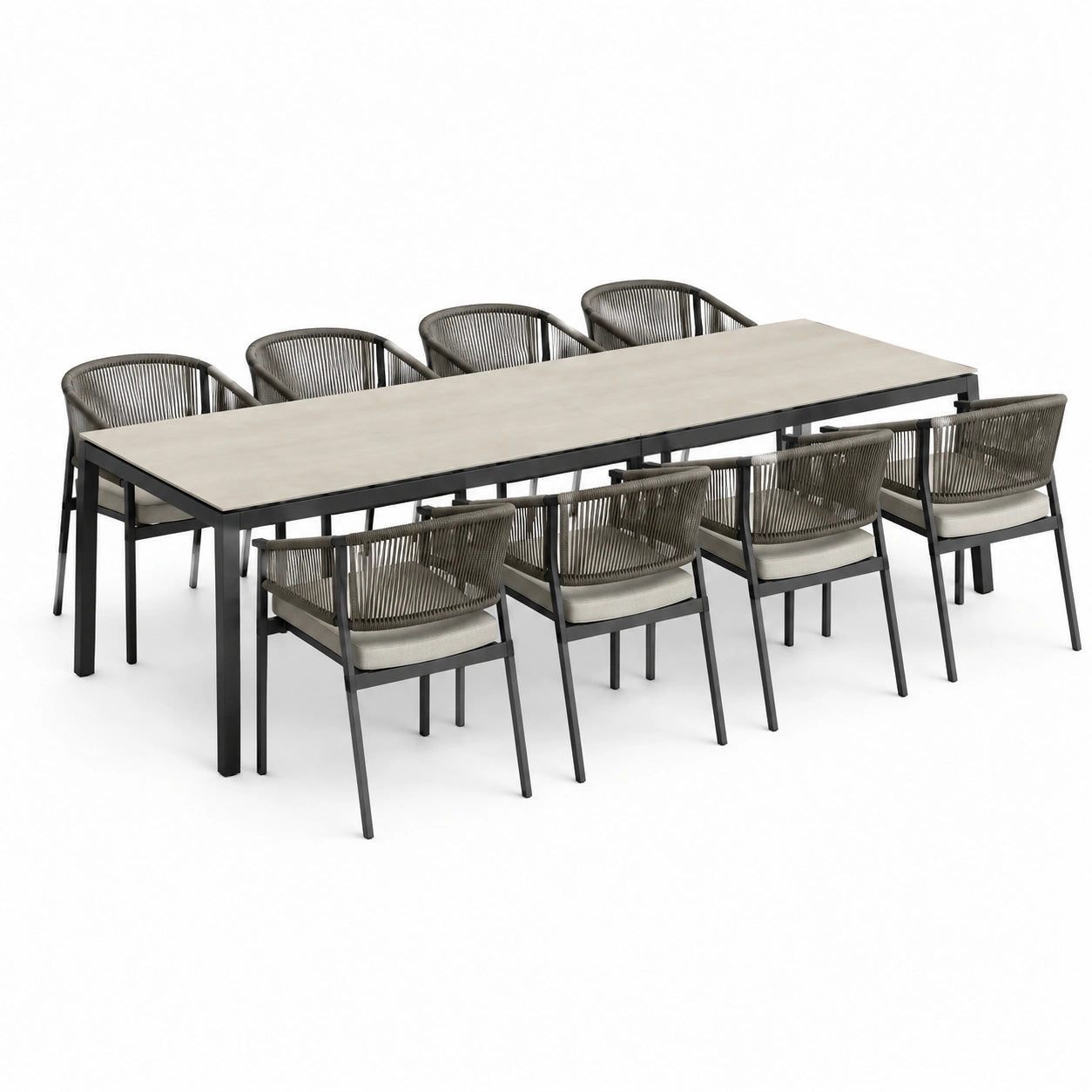 Set da pranzo in metallo con tavolo rettangolare e 8 sedie in corda grigio