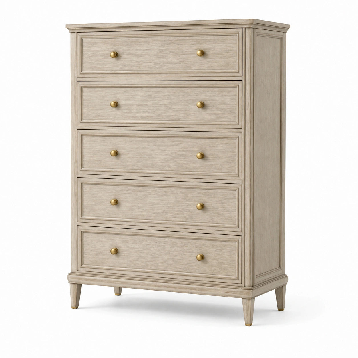 Cassettiera in legno di quercia con maniglie in ottone 5 cassetti beige