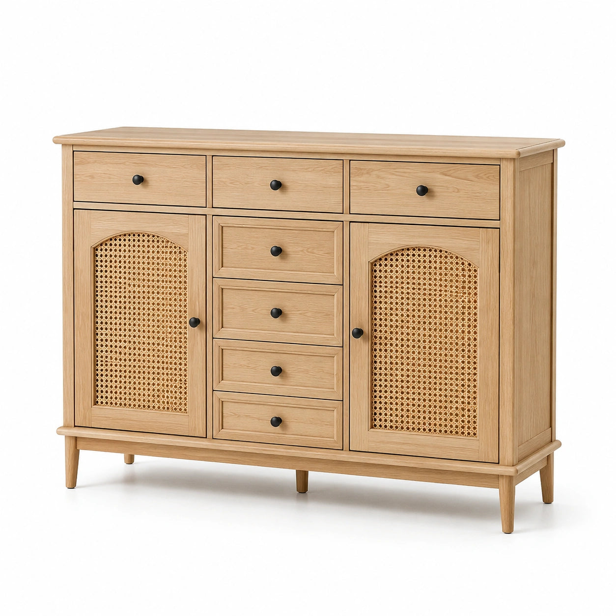 Credenza in legno con porte in rattan e cassetti marrone chiaro