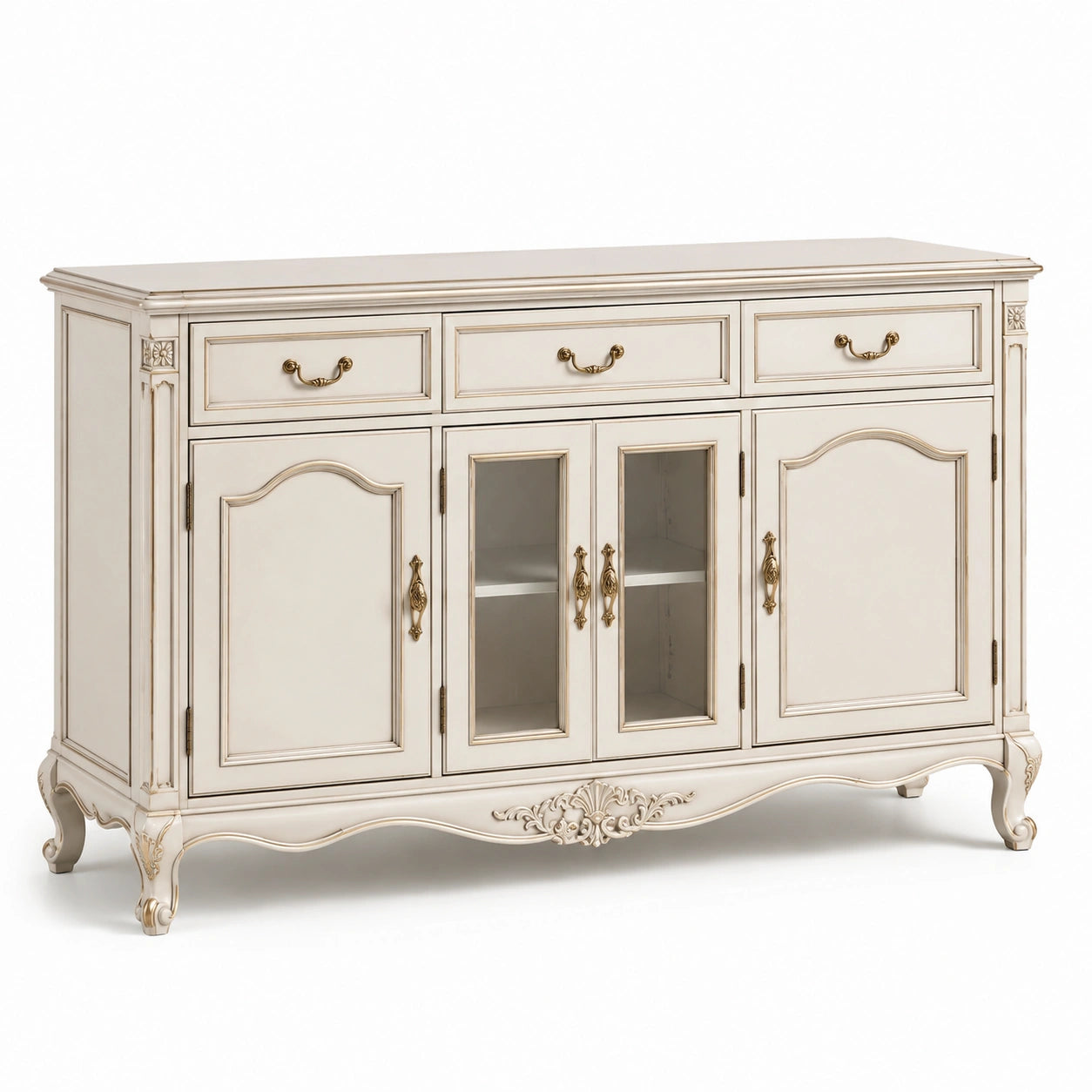 Credenza in Legno con Vetro Temperato e Maniglie in Metallo Crema