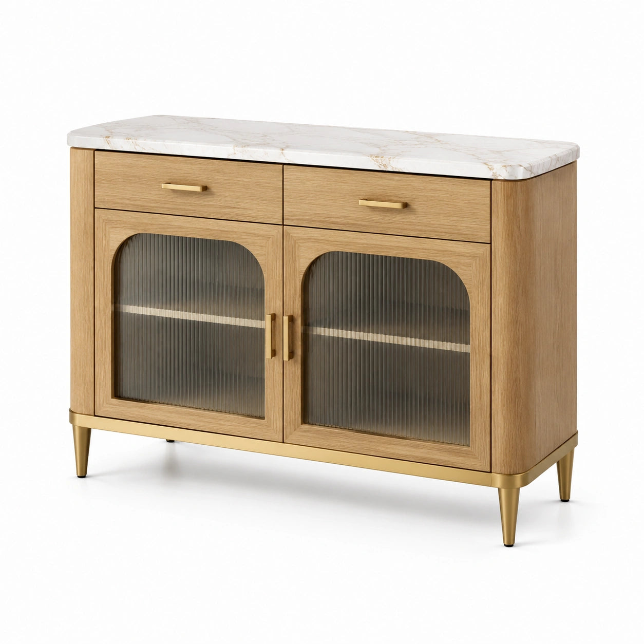 Credenza in legno con ante in vetro plissettato e piano in marmo