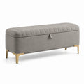 Panca contenitore in tessuto grigio chiaro con gambe in metallo dorato, 120x40x45 cm