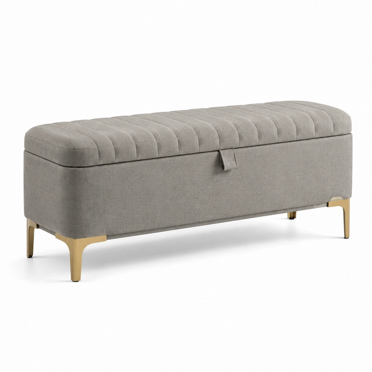 Panca contenitore in tessuto grigio chiaro con gambe in metallo dorato, 120x40x45 cm