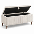 Cassapanca in tessuto poliestere beige con gambe in legno