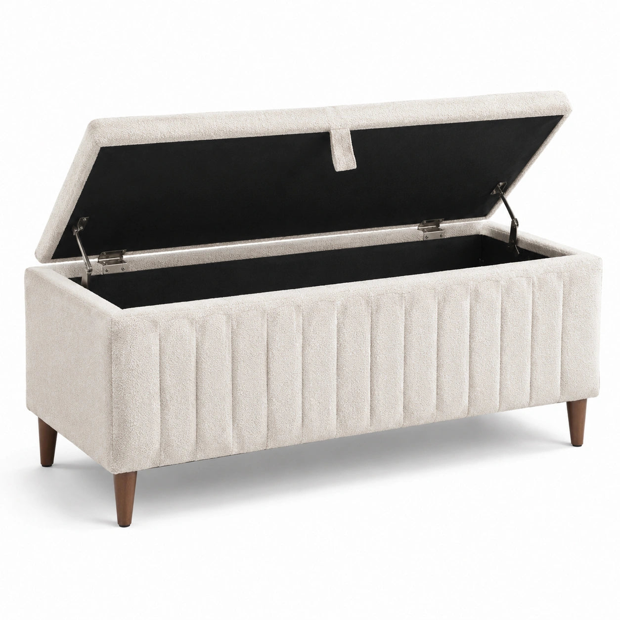 Cassapanca in tessuto poliestere beige con gambe in legno