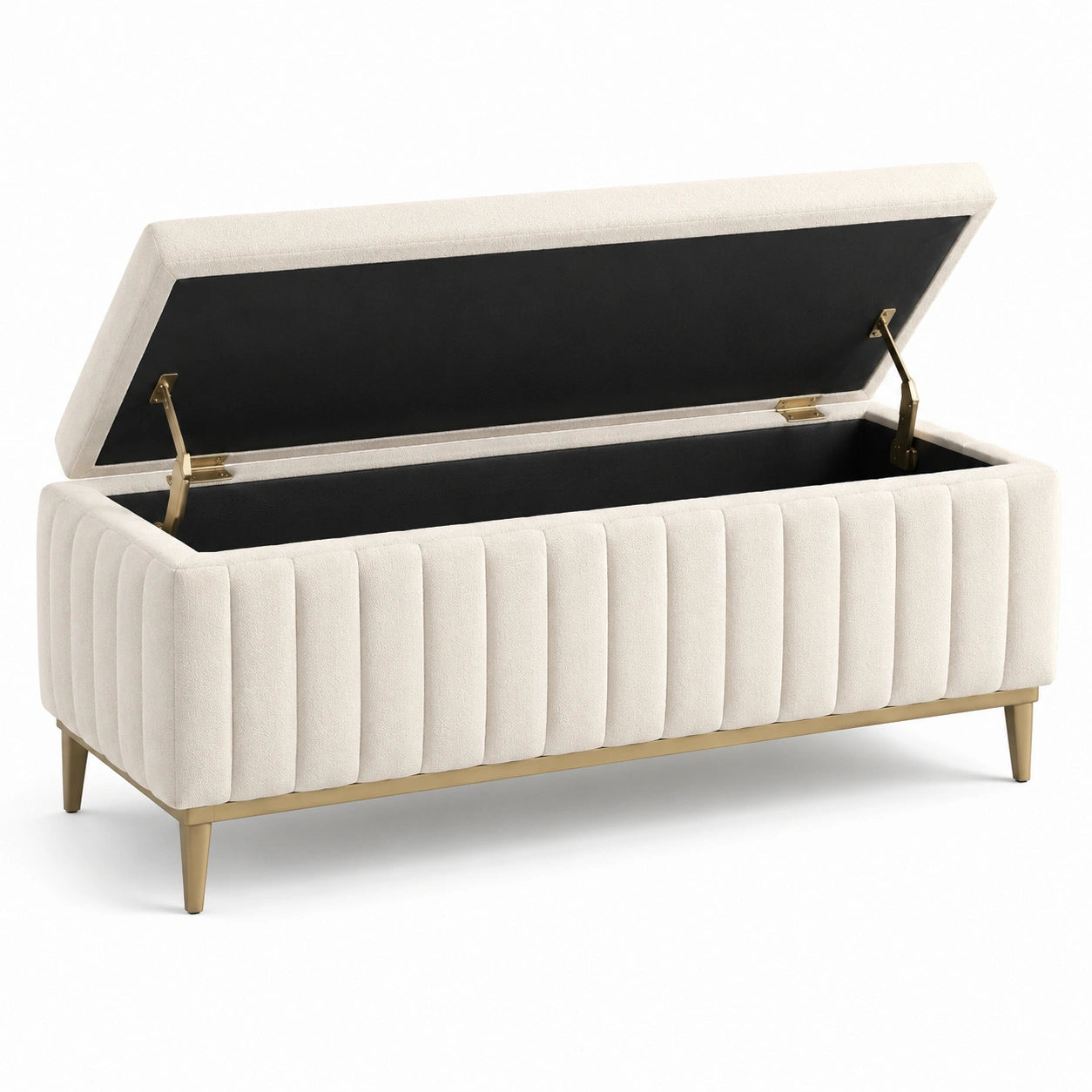 Panca contenitore in velluto beige con gambe in metallo