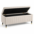 Panca contenitore in velluto beige con gambe in metallo