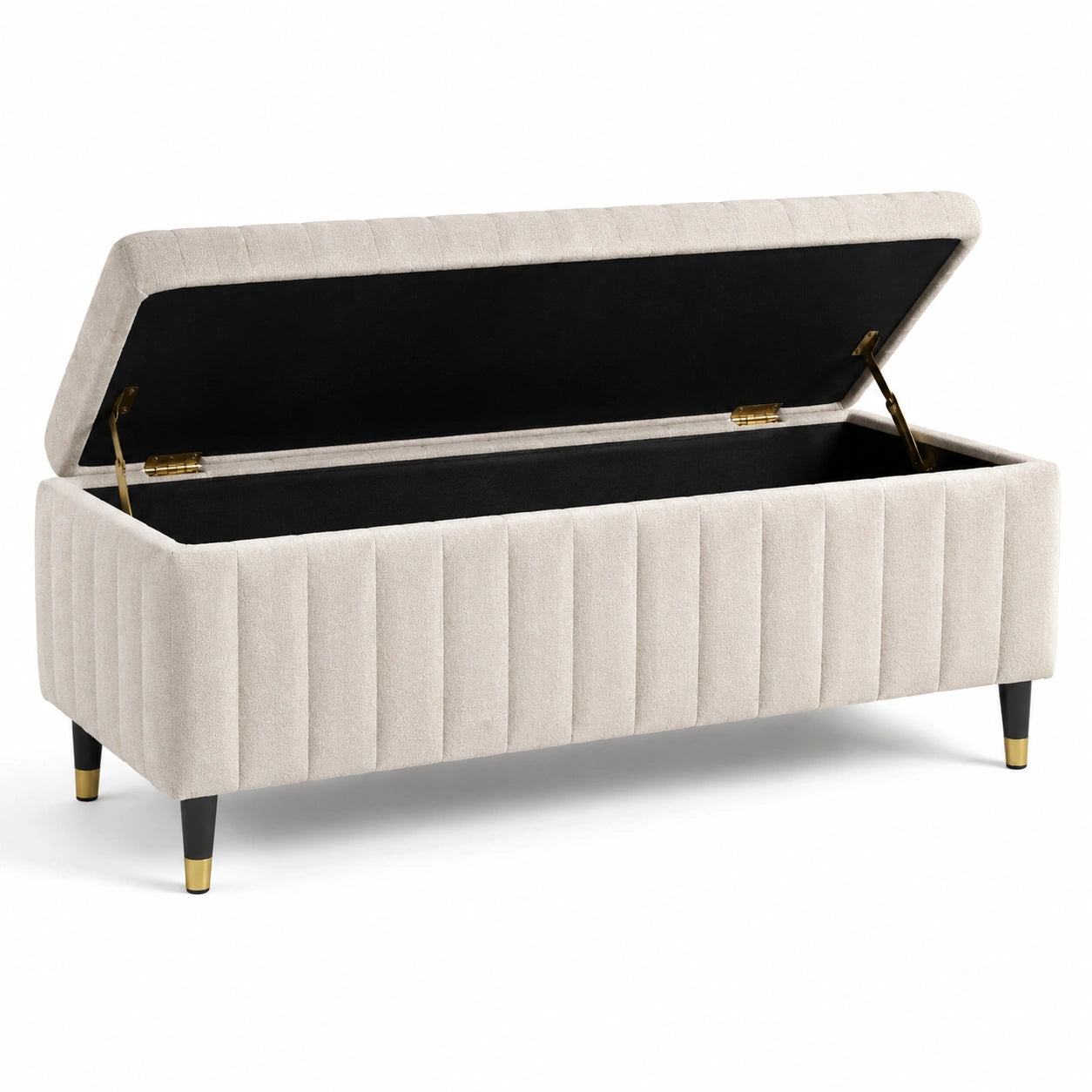 Panca contenitore in velluto beige con gambe in metallo