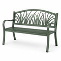 Panchina da giardino in metallo verniciato verde con decorazione
