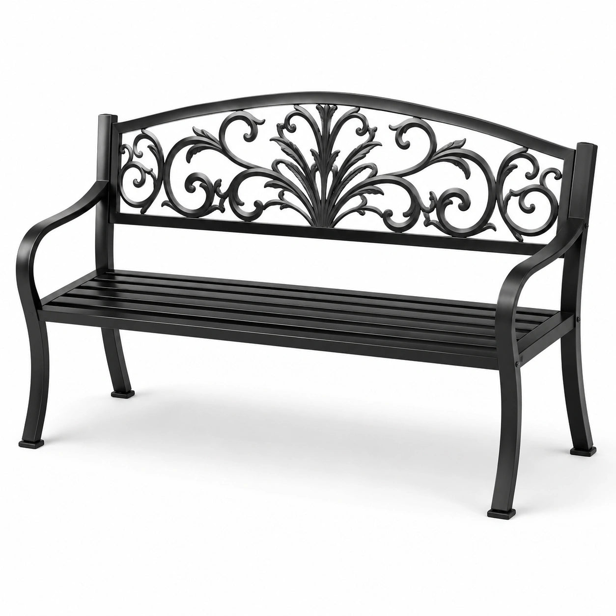 Panchina in metallo decorativa con schienale a motivi, nera