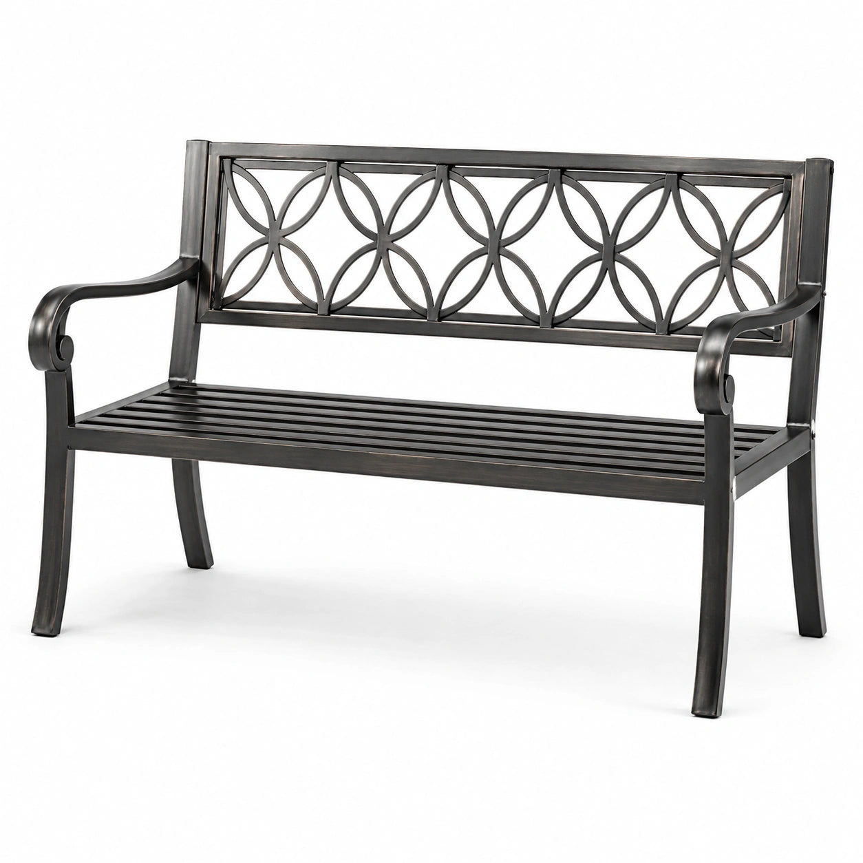 Panchina da esterno in metallo nero con schienale decorativo