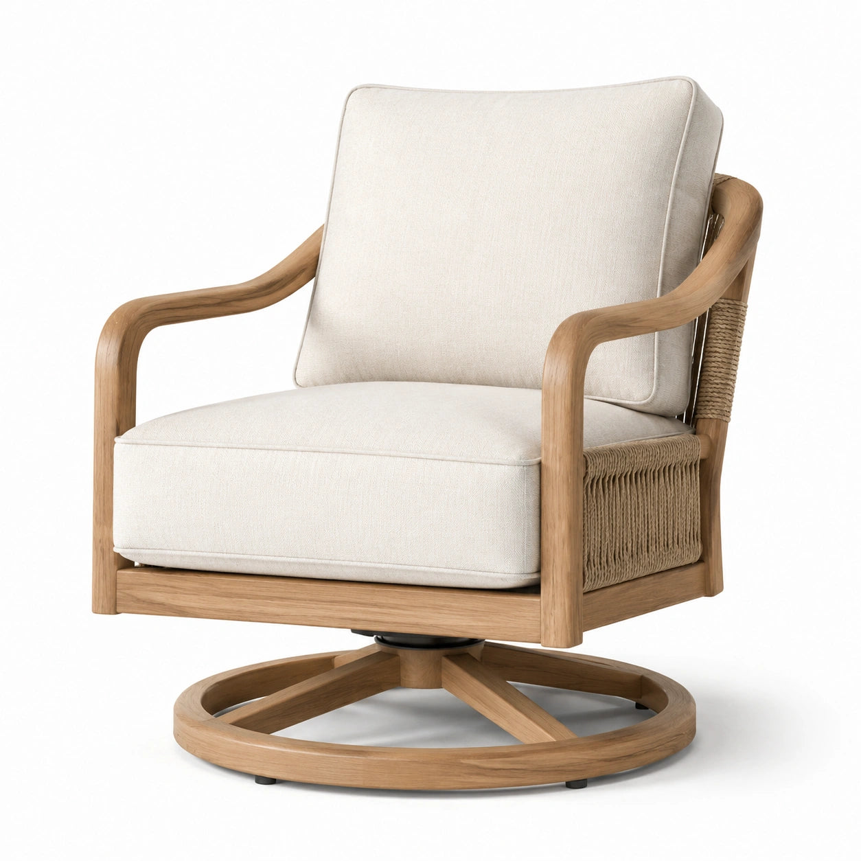 Poltrona girevole in legno di teak e poliestere beige