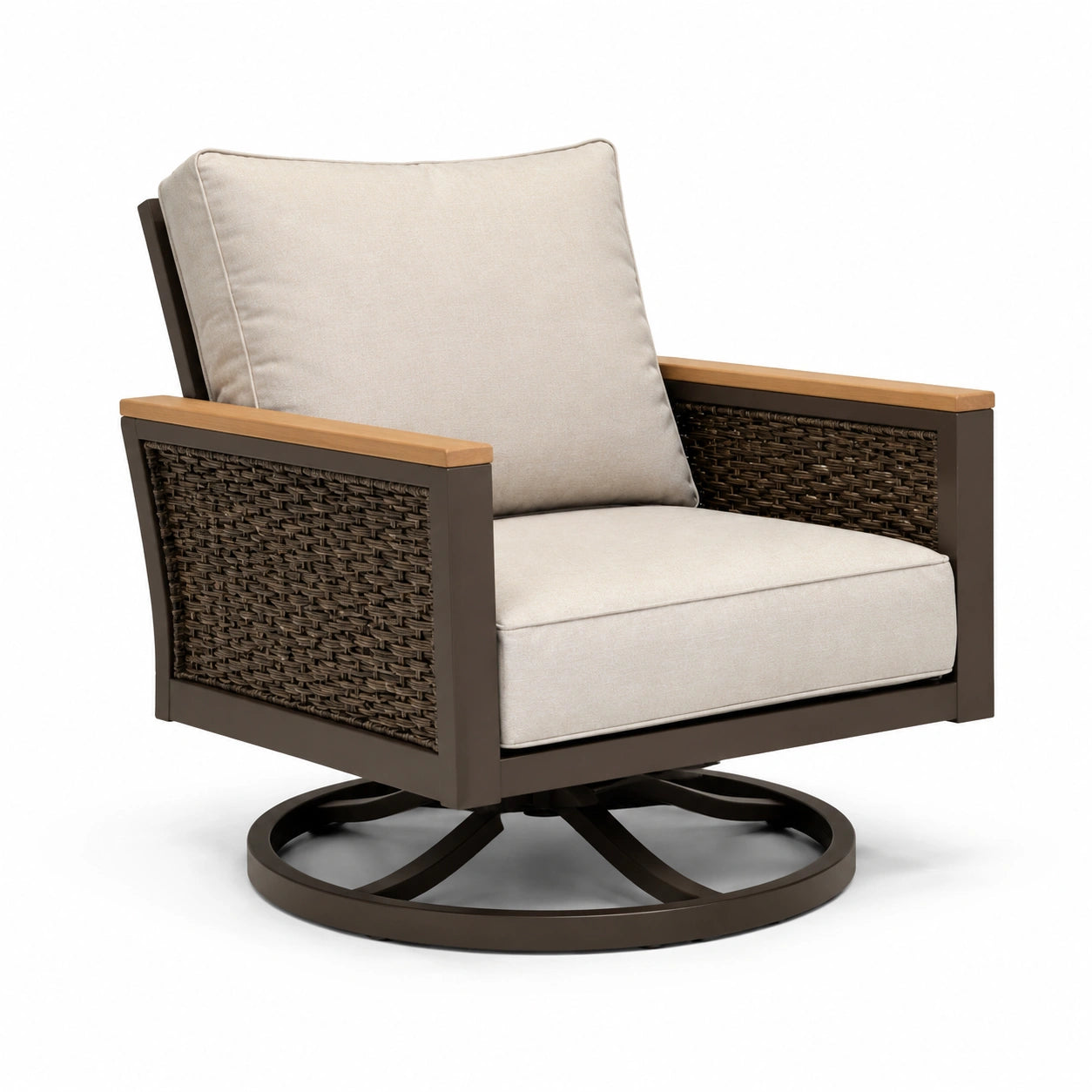 Poltrona girevole in metallo e rattan sintetico con cuscini beige